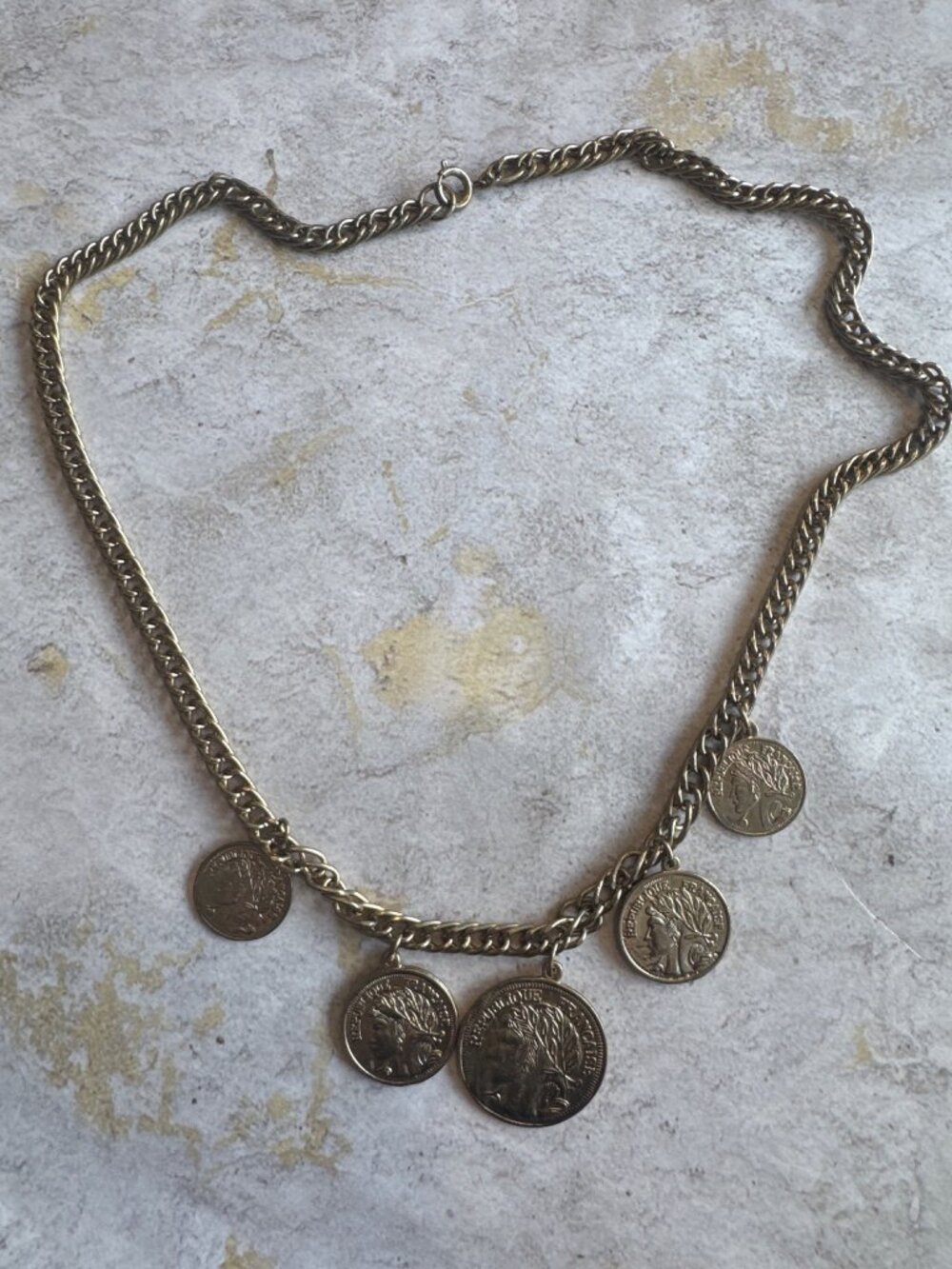 Vintage Gold Tone French Coin Statement Necklace 23"